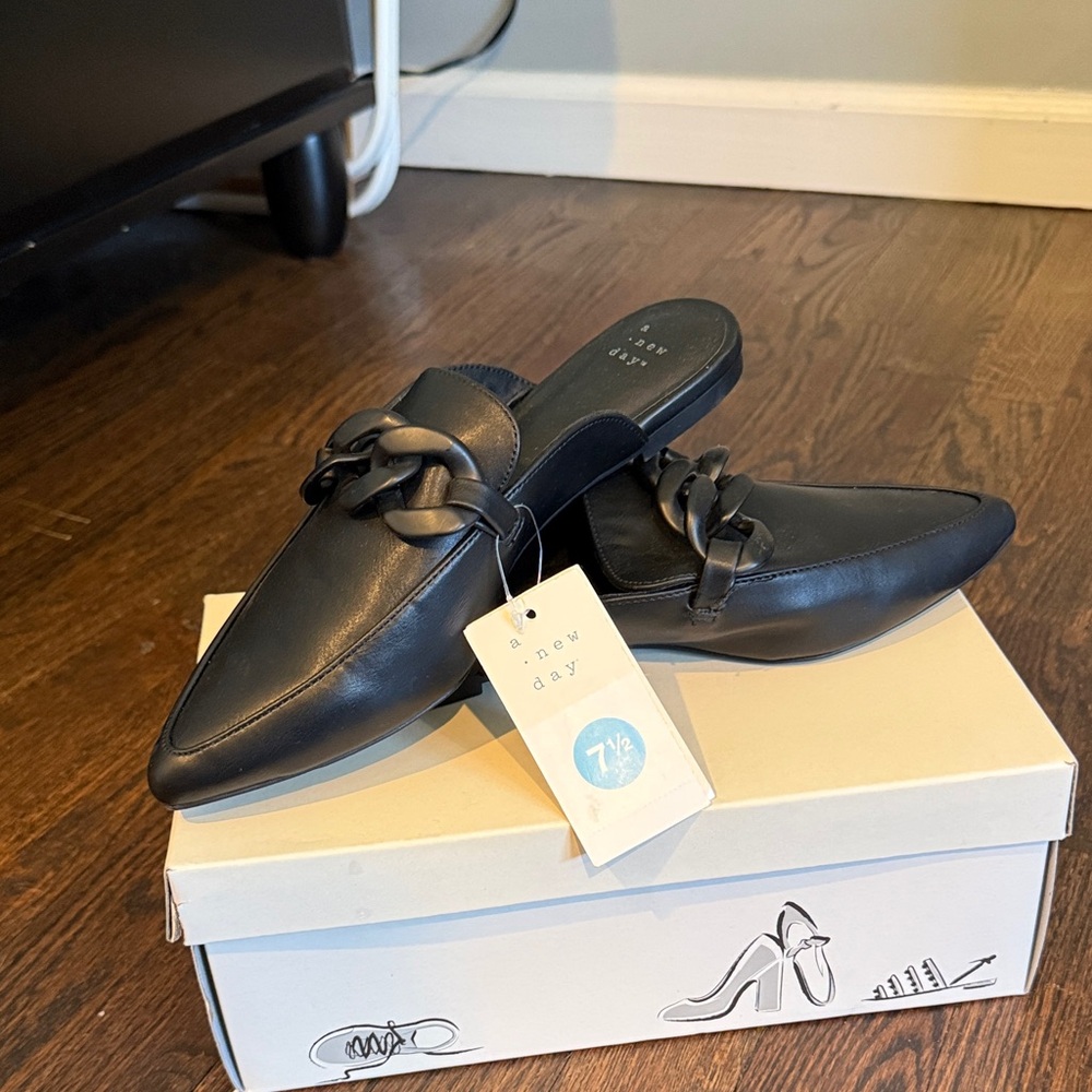 A New Day Black Leather Mules with Knot Detail